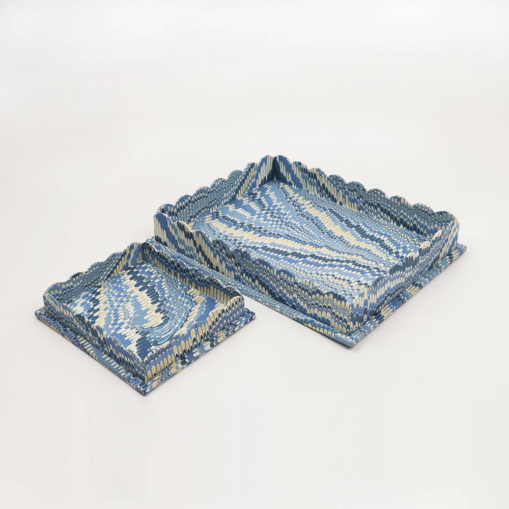 MARBLED SCALLOPED TRAY SET - MOUNTAIN BLUE
