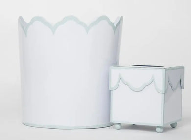 Scalloped Ivory/Soft Blue Wastepaper Basket / Tissue Set